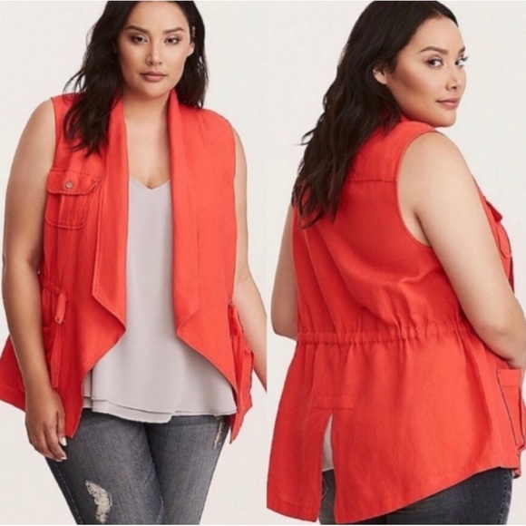 Torrid Hibiscus Red Linen Utility Drape Vest - Picture 1 of 8